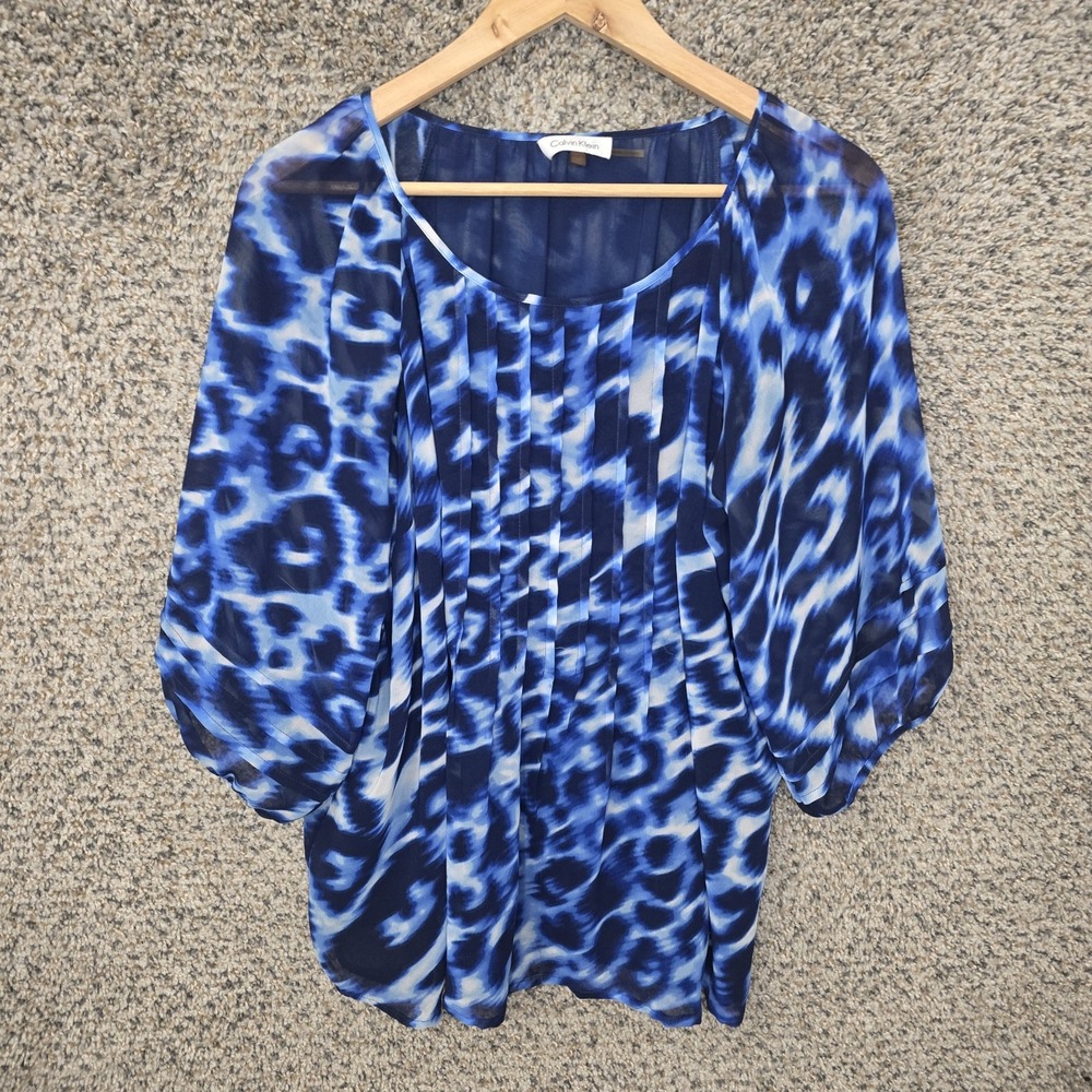 Calvin Klein Top Womens Large Blue Scoop Neck Pintuck Blouse Casual Ladies